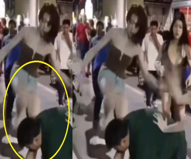 transwoman in kicks and punches Indian man