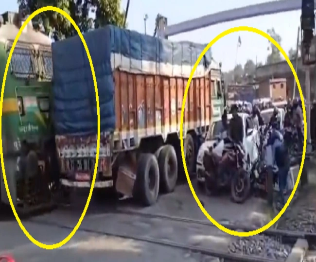 Train collides with truck at crossing