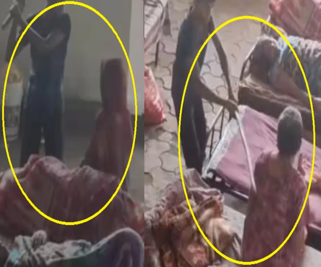 minor boy beating elderly women with stick in old age home